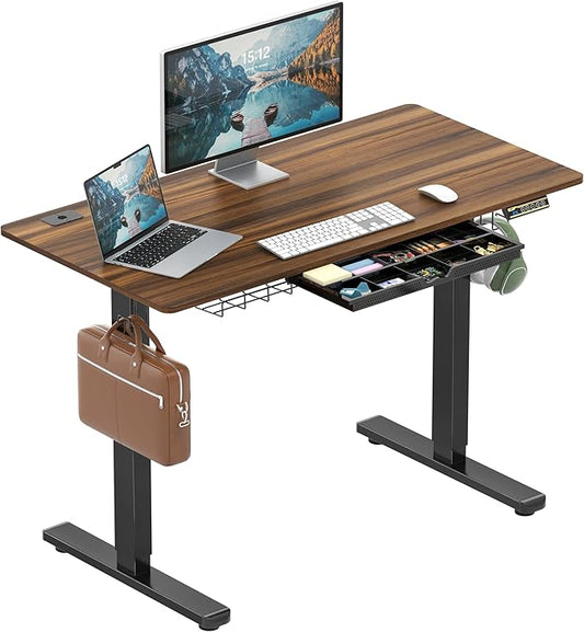 SHW 48-Inch Electric Height Adjustable Standing Desk with Drawer, Memory Preset and Cable Management Tray, Walnut