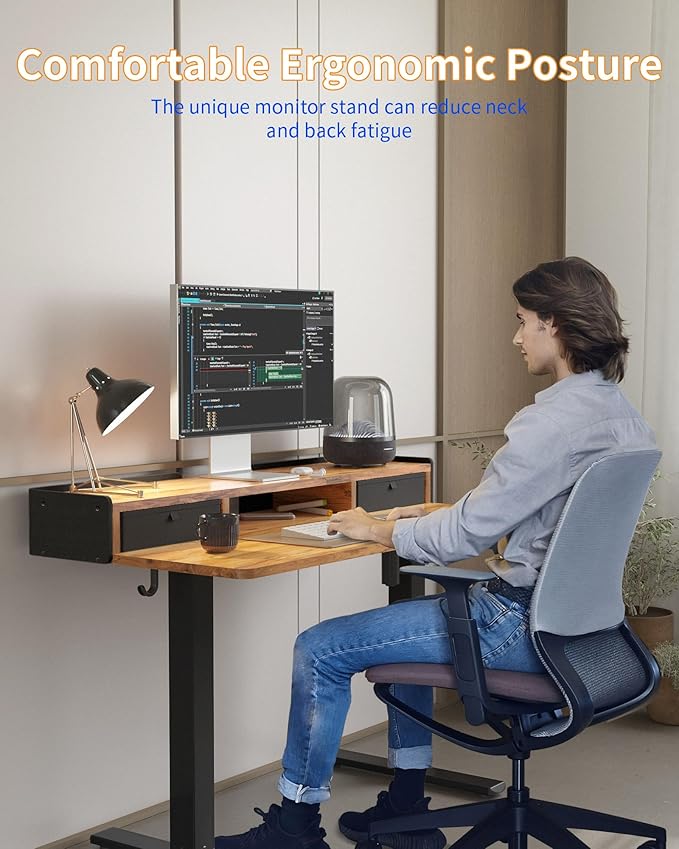 YIHAYO Electric Standing Desk with Drawers, 60 x 24 Inches Adjustable Desk with Storage Shelf, Computer Table with Splice Board for Home Office, Black Frame/Rustic Brown Top