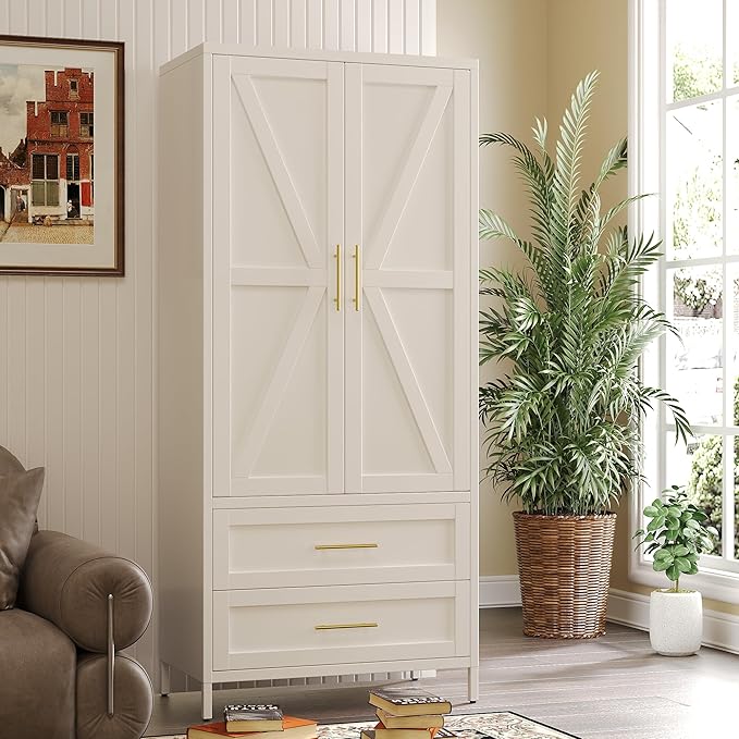 SUPEER Metal Wardrobe Cabinet with 2 Drawers and Hanging Rod, 70.9" H Metal Armoire Wardrobe Closet with Adjustable Shelf for Bedroom, Laundry Room, Home,Office,Installation Required,White