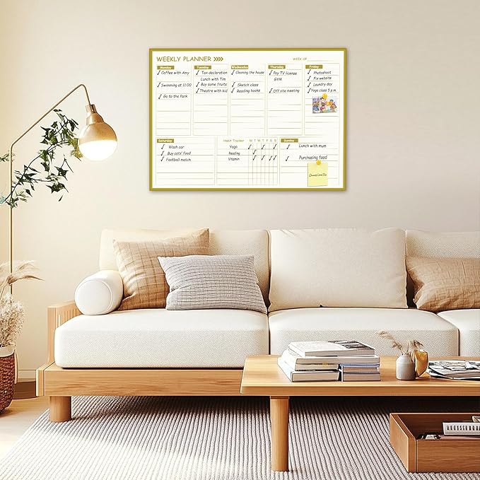Large Weekly Dry Erase Board for Wall,20"x28",Gold Aluminum Frame Magnetic Weekly Planner Whiteboard for to Do List, Memo, School, Home, Office, Kitchen