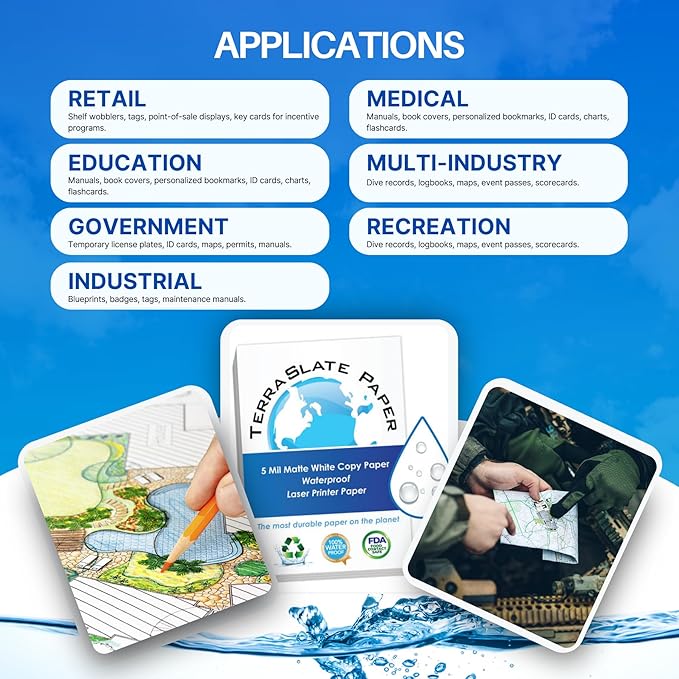 TerraSlate Waterproof Paper - Hydronote 54lb Multipurpose Copy Paper 8.5” x 11”, Bulk White Paper, 500 Sheets, Inkjet Printer and Laser Printer Paper Compatible - Weather/Rain Proof, Durable