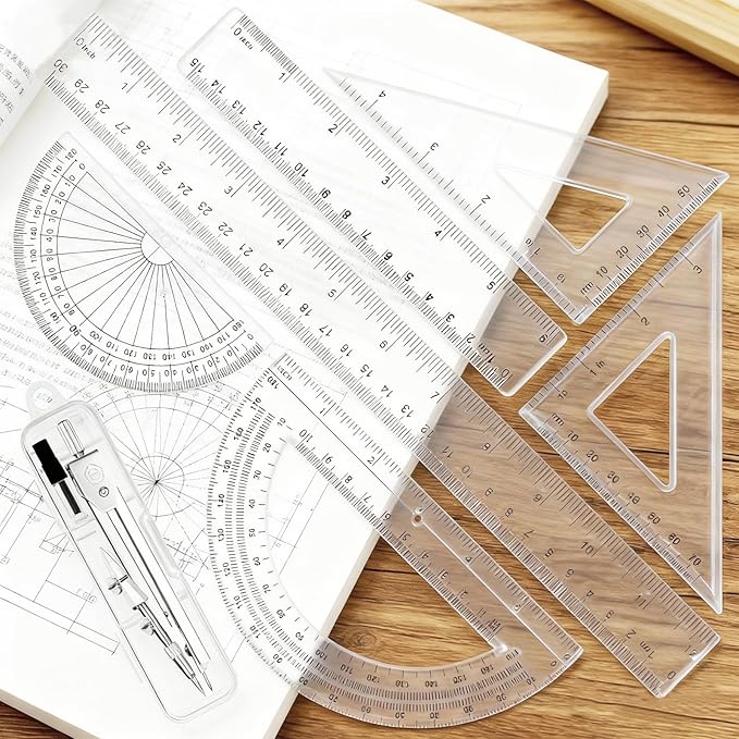 Geometry Set - 7Pcs Geometry Kit with Clear Plastic Ruler 12Inch & 6Inch, Triangle Ruler, Protractor and Compass Set for School Office Math Drawing Drafting Engineering Architecture Art