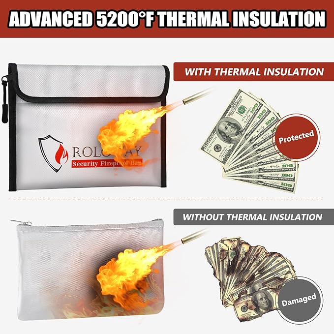 ROLOWAY Fireproof Bag (9.6 x 6.6 inches) 5200℉ Heat Insulated, Fireproof Money Bag with Zipper for Cash (2-Pack)