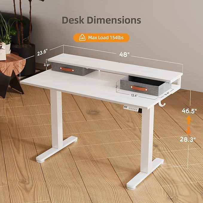 Claiks Electric Standing Desk with 2 Drawers, Adjustable Standing Desks with Storage, Height Adjustable Stand up Desk for Home Office with 2 Hooks,48 Inch White