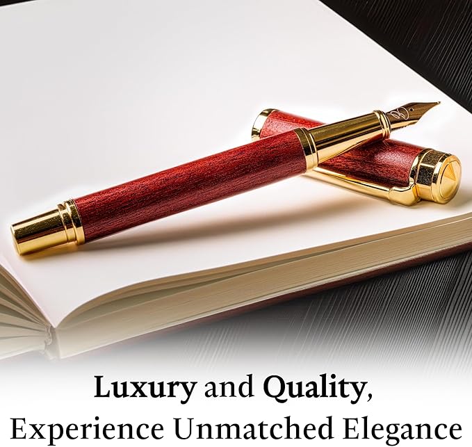 Ellington Pens Luxury Wood Fountain Pen Set –Medium Nib - Includes 6 Ink Cartridges, Wooden Pen Gift Box, Ink Converter - Wood Pen For Writing, Calligraphy, Journaling, Drawing (Rosewood Radiance)