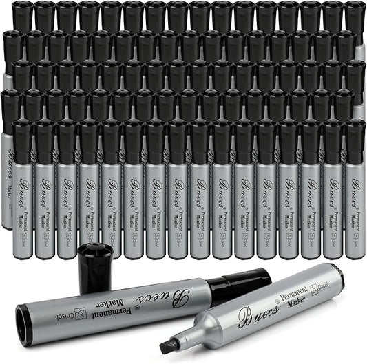 Buecs Permanent Markers, 80 Count Black Permanent Markers, Chisel tip, Waterproof &Fade Resistant, Quick Drying, Office Supplies for School, Office, Home