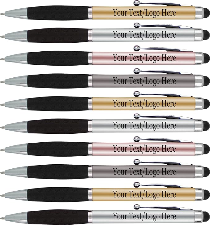 SyPen Personalized Pens With your Custom Logo or Text-300 Pack Bulk-for Businesses, Parties, and Events, 2 in 1 Ballpoint Pen & Stylus for Touchscreen Devices, Light Assorted Barrels, Black Ink