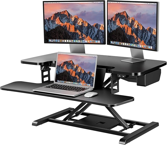 SANODESK 35" Electric Standing Desk Converter,Height Adjustable Riser for Office Home, Monitor and Laptop Workstation with Large Keyboard Tray, Black Color