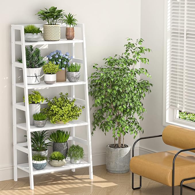 Homykic Ladder Shelf, 4-Tier Bamboo Ladder Bookshelf, 49.2” White Book Shelf, Open Bookcase Freestanding Plant Stand for Small Space, Bathroom, Living Room, Bedroom, Home Office