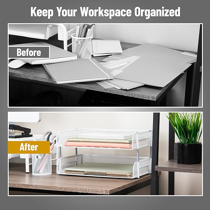 Mind Reader Stackable Paper Tray, Desktop Organizer, File Storage, Office, Metal Mesh, 13.5" L x 10" W x 7.25" H, 2 Pcs., White