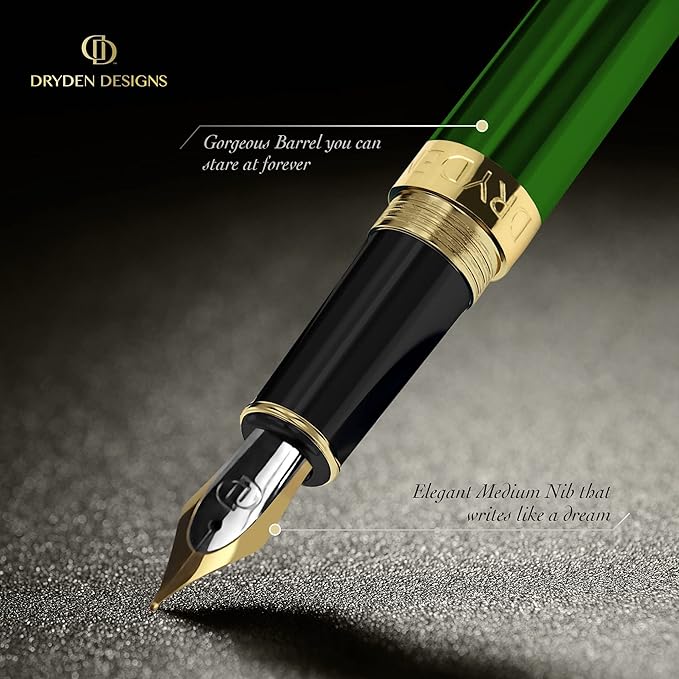 Dryden Designs Fountain Pen Medium Nib Gift Pouch - with 24 Ink Cartridges - MCM (Emerald Green)
