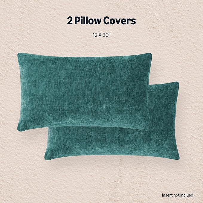 Amazon Basics Chenille Throw Pillow Covers, Home Decor Lumbar Cushion Cover for Bedroom Living Room Couch Bed, 12" W × 20" L, Deep Teal