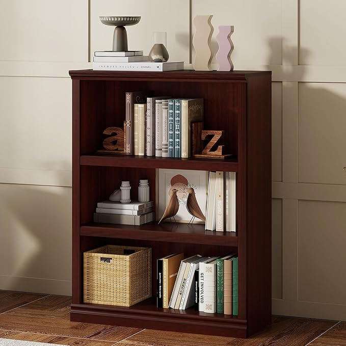 Bevfint 43 in Tall Bookcase, 3-Tier Bookshelf Open Storage, 33 inch Wide Floor Standing Indoor Furniture, Book Cases for Home School Library Office Bedroom Kids, Mahogany 3 Tiers