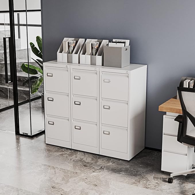 Fesbos 3 Drawers Vertical File Cabinets - 17.8" Deep Lockable Filing Cabinet - White Metal Storage Cabinets for Home Office to Hanging Files Letter/Legal/F4/A4 Size