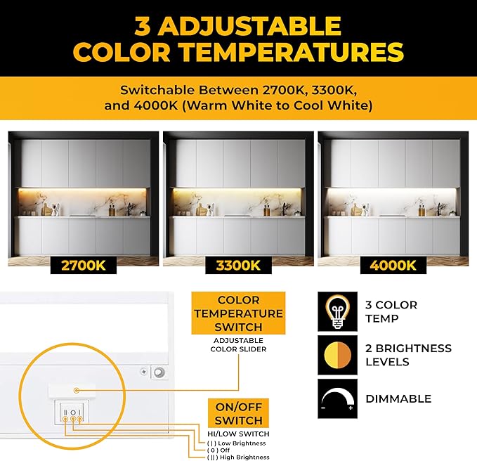 LED Under Cabinet Lighting Hardwired - 3CCT 32 Inch White Finish - Undercabinet Lights for Kitchen - Linkable Undercounter Dimmable Plug in Light or Hard Wired - Under Counter Fixture Direct Wire