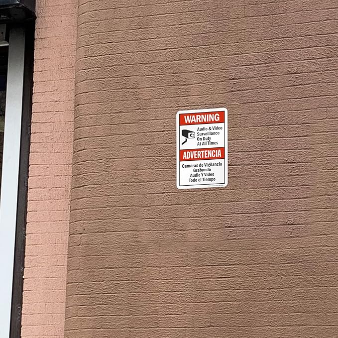 SmartSign 10 x 7 inch “Warning - Audio & Video Surveillance On Duty At All Times” Bilingual Sticker Label, 3 mil Laminated Adhesive Polyester, Red, Black and White, Made in USA