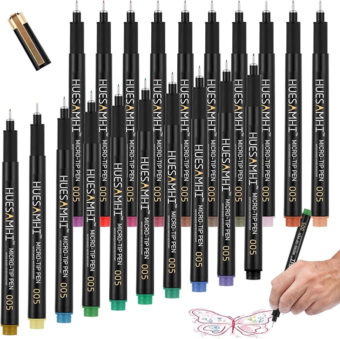 huesamhi 005 Micro Pen,20 Colors Waterproof Ink 0.20mm Fine Tip FineLiner Pens for Art Illustration,Sketching, Anime, Bullet journal,and Technical Drawing