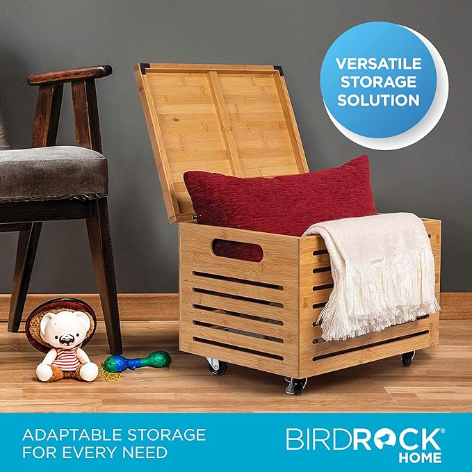 BIRDROCK HOME Rolling File Storage Organizer Box with Lid (New Version) - Bamboo Decorative Wood Hanging File Box for Letter/Legal Documents, Binders, Blankets - Durable Office Organizer - Natural