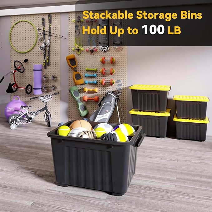 Nazhura 97 Quart Plastic Storage Bin, Stackable and Nestable Storage Boxes with Yellow Lids and Secure Latching Buckles, Large Storage Container (Black/Yellow, 97Quart-6Pack)