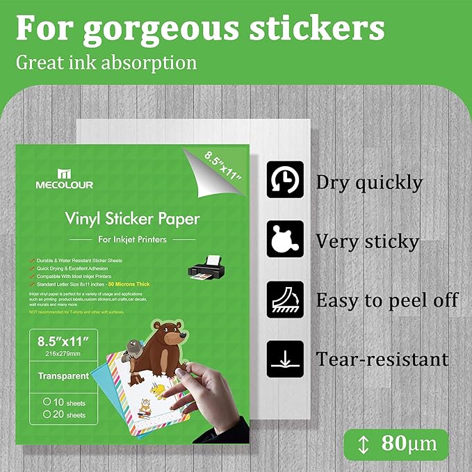 MECOLOUR Clear Sticker Paper for Inkjet Printer -95% Transparent 8.5x11 Inch Vivid Colors, Tear Resistant -20 Sheets