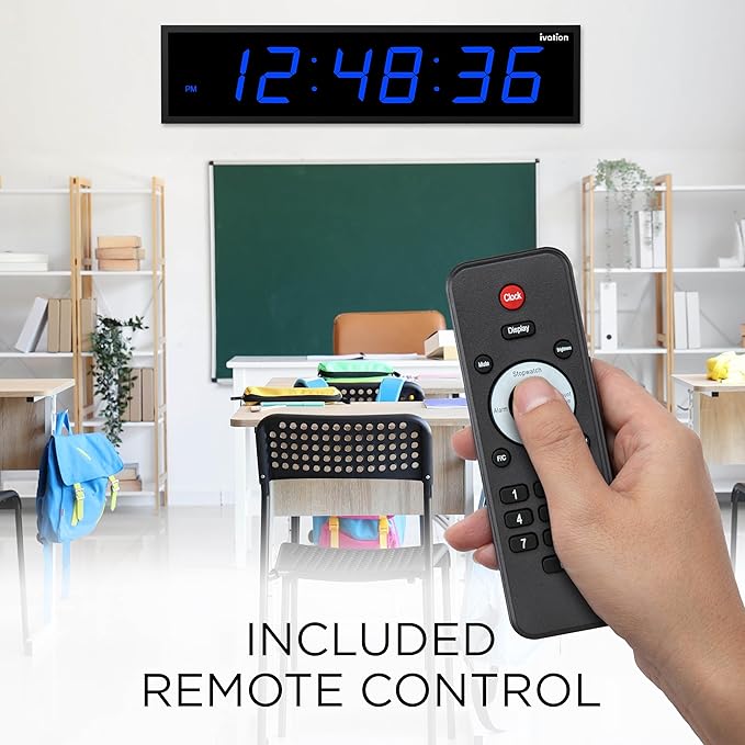 Ivation Huge Oversized 72" Large Digital LED Clock | Big Digital Clock w/Multi-Function Display – Stopwatch, Timer, Alarms, Temp & Date | 6 Brightness Levels, Time Memory & Remote (Blue)