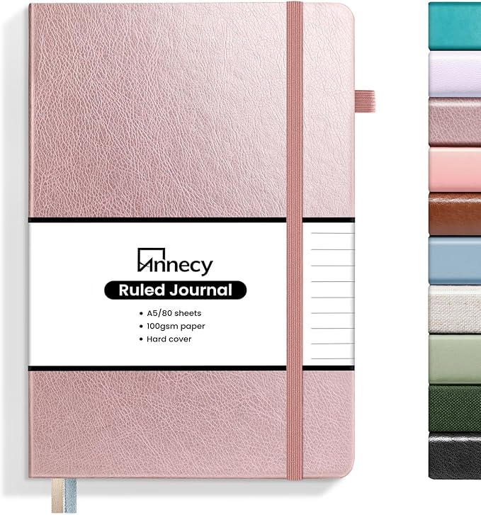 Annecy Lined Journal Notebook, Hardcover Leather Journal for Women & Men, 160 Numbered Pages, Medium 5.5" x 8.25", 100 GSM Thick Paper, Rose Gold
