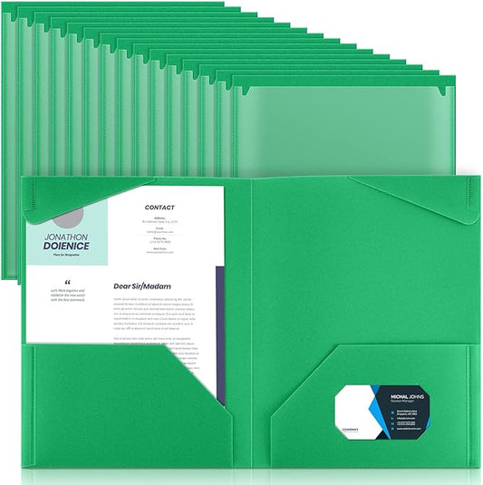 Henoyso 18 Pcs Plastic Folders with Clear Front Pockets Heavy Duty File Folders with 2 Pockets and Card Slot for Student Communication School Office Presentation Report (Green)