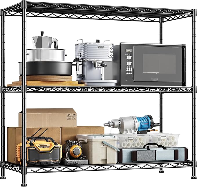 3- Shelf Metal Shelving Unit 35.6Wx14Dx36H,Adjustable Storage Shelves Heavy Duty Garage Steel Shelving for Office,Wire Rack Small Shelf for Kitchen Shelves Laundry Bathroom Pantry Closet Black