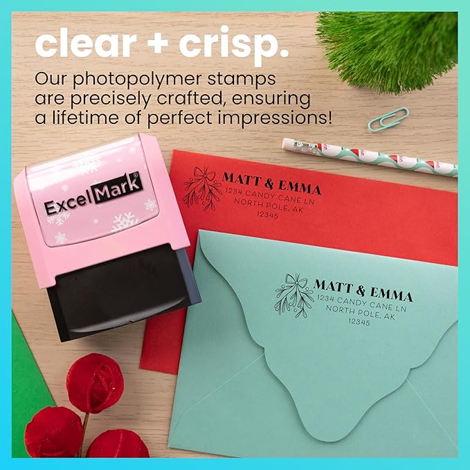 ExcelMark Address Stamp - Custom Return Address Stamp with Elegant Designs, Vibrant Colors & Patterns – Perfect for Mail, Invitations & Gifts (Holiday)