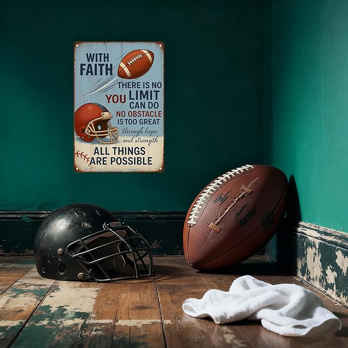 With Faith Football Metal Sign – Vintage Christian Sports Wall Art for Locker Room, Bedroom, or Gym – Motivational Gift for Athletes, Coaches, and Football Fans (FOOTBALL)
