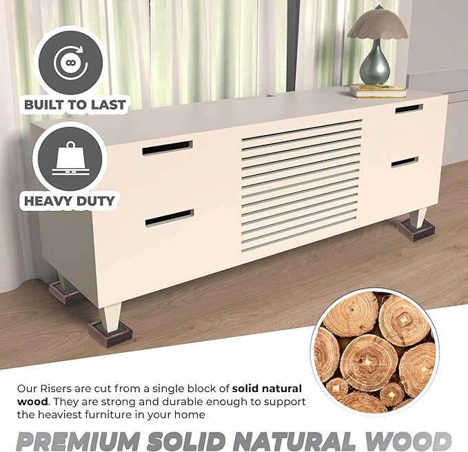Bed Risers, Furniture Risers (Set of 8-Height 1") Can be Adjusted to 2'' 3''or 4'', Lifts Furniture Risers, Solid Natural Wood Risers, Non-Slip Recessed Hole (Square-Walnut Color)