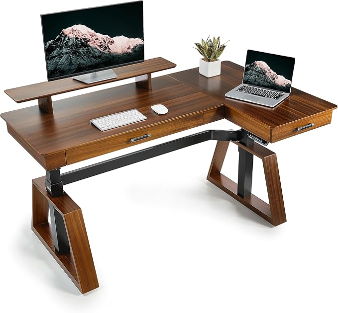 EUREKA ERGONOMIC Electric Standing Desk with Dual Drawers,63 Inches Height Adjustable L-Shaped Office Desk,Sit Stand desk Ergonomic Executive Desk Computer Workstations with Monitor Stand,Right/Walnut