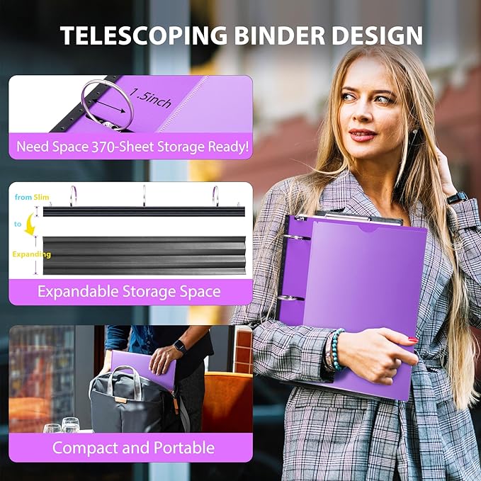 WOT I 1.5 Inch Telescoping 3 Ring Binder 6 Pack, Expandable Flexible Binder with Customizable Front Cover & Clear Catalog Pocket, Holds 370 Sheets, Assorted Colors, School Office Supplies