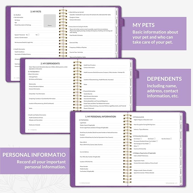 SUNEE End of Life Planner - I'm Dead Now What Planner for Seniors & Family Legacy, Large Print Spiral-Bound Estate Planning Organizer with Tabs - Final Wishes, Passwords & Funeral Planning, A4, Purple