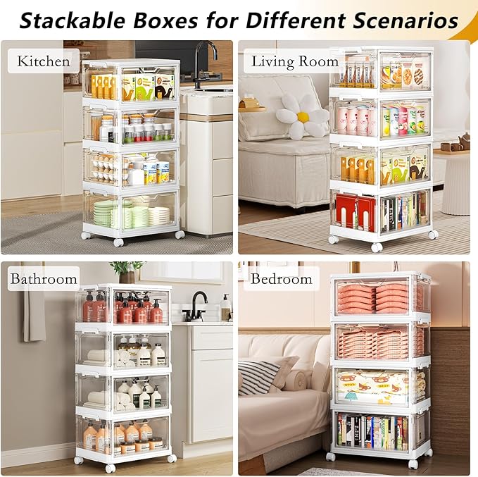 SNSLXH Portable Clear Storage Bins with Lids & Wheels, 24QT Clear Storage Bins with Lids, 4-Tier Plastic Bins with Wheels, Stackable, Magnetic Doors, for Bedroom, Living Room, Office