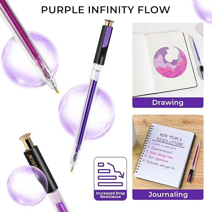 ZSCM Retractable Glitter Gel Pens, 12 Colors Large Capacity Purple Glitter Metallic Gel Ink Pens, 1 mm Fine Point Smooth Writing Color Pens for Adult Coloring Book Note Taking Aesthetic Art Supplies