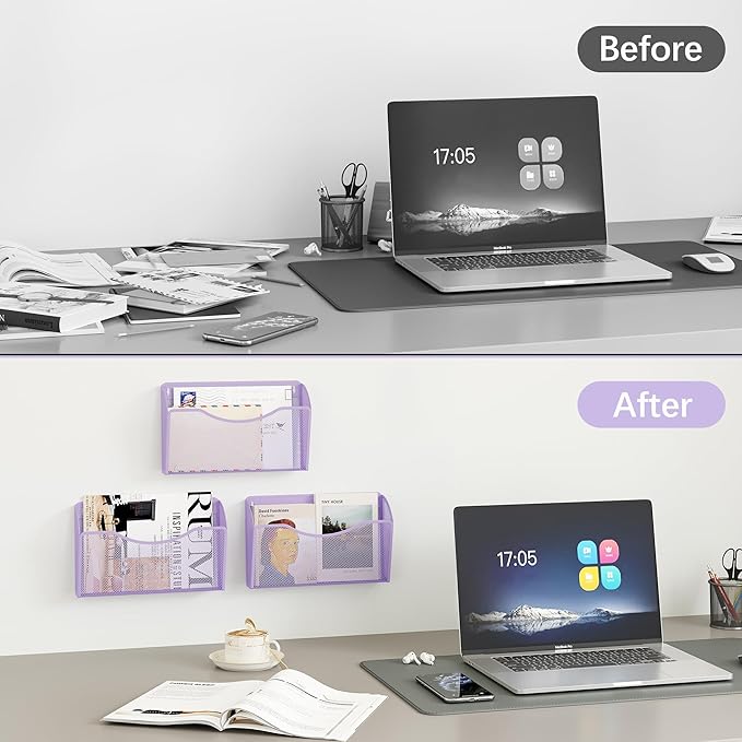 EasyPAG 3 Single Pocket Wall File Organizer, Mesh Hanging File Folder Organizer for Letter/A4 Size Folders, Wall Mounted Vertical Mail Holder for Paperwork, Office, Home, School, Purple