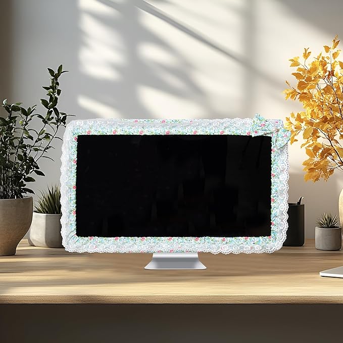 Kingshion 24-inch Cute Lace Fabric Monitor Cover with Elastic Pen Pocket & Bow-knot Design, Dust Protector for Computer/TV/LCD Screens- Green