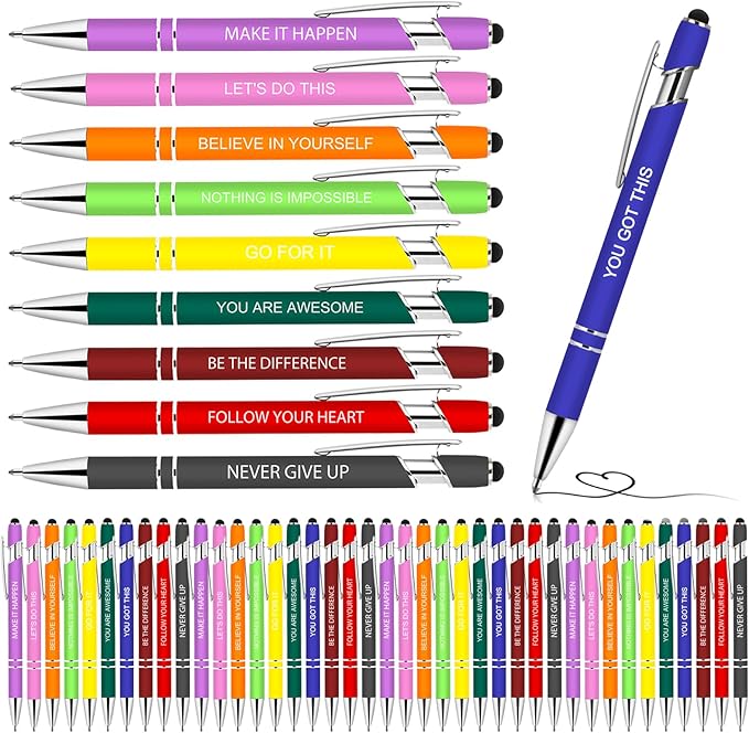 Greengines 50 Pcs Inspirational Pens - Motivational Ballpoint Pens Bulk with quotes Stylus Tip Gifts for School Coworkers Office Supplies Black Ink