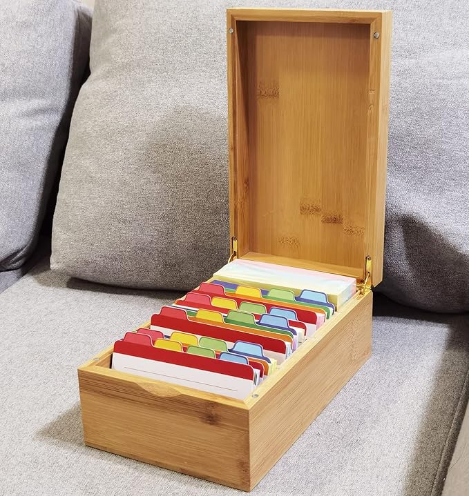 Neando Bamboo Index Card Holder for 3x5 Cards – Wooden Organizer with Lid, 4 Compartments, 600-Card Capacity, Includes 20 Thick Index Cards & 200 Note Cards– Natural Desktop Filing Box