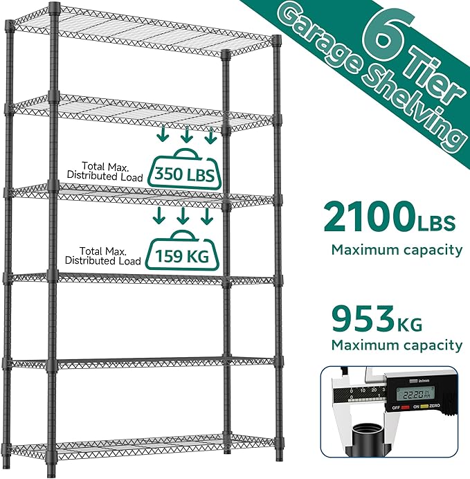 M MZG 6 Tiers Shelf 2100 lbs Steel Storage Shelving Utility Shelving Unit Steel Organizer Wire Rack for Home,Kitchen,Office,Garage Black 17.7" D x 47.2" W x 82.4" H