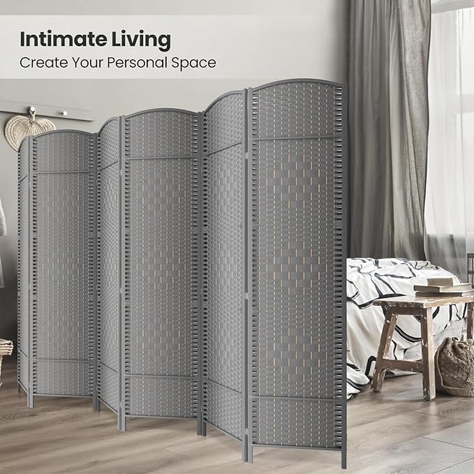 Cocosica Folding Room Divider, Weave Fiber Privacy Screen, Extra Wide Room Screen Divider Separator, Decorative Separation Wall Divider, Freestanding Room (Grey, 6-Panel)