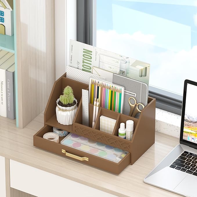 Wisuce Essentials Bamboo Desk Organizer with Drawers, Mail Organizer Countertop Wood Desk Drawer Tabletop Storage Organization Pen Holder Letter Sorter Makeup Organizer for School Home Office (Brown)