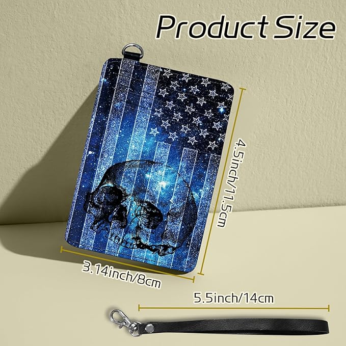 BWEGRHE Small Travel Wallets, Blue Skull Flag Slim Minimalist Front Pocket Wallet with Wristlet, RFID Blocking PU Leather Credit Card Holder with ID Window Change Purse for Men Women