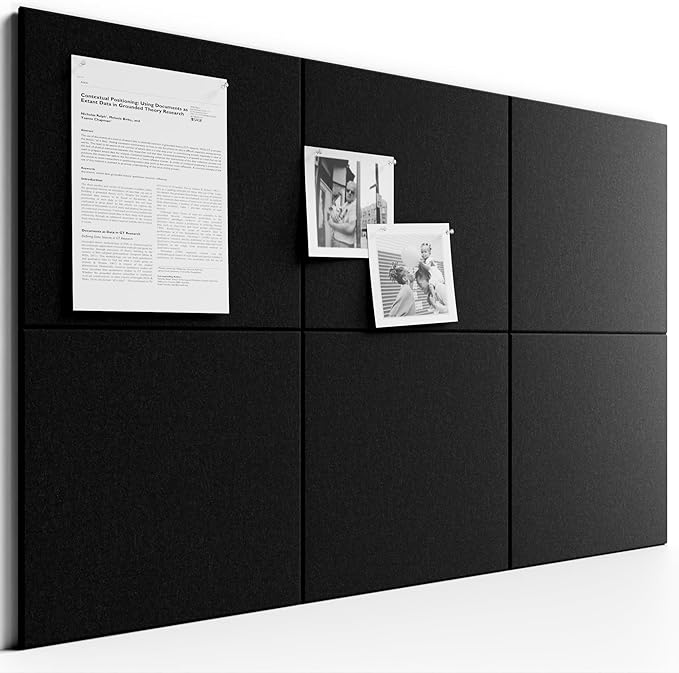 Bumusty Large Cork Board 36"x24" Alternative - 6 Pack Felt Wall Tiles with 40 Safe Removable Adhesive Tabs, 30 Pushpins, Cork Boards for Walls Pin Board Bulletin Board Office Decor (Black)