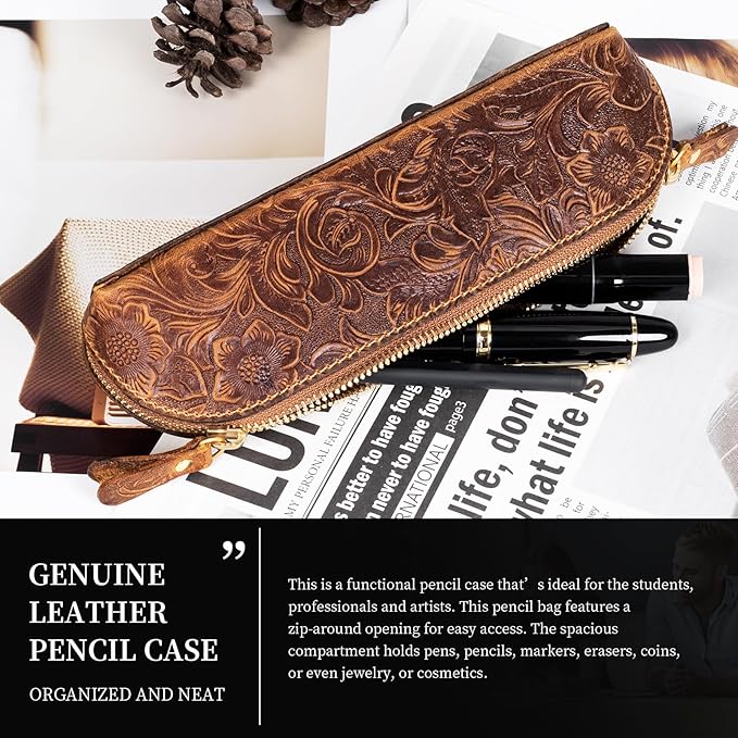 Gexmil Genuine Leather Pen Case, Full Grain Leather Pencil Holder, Hand-made Stationery Bag for Work & Office, Vintage Style, Floral Brown