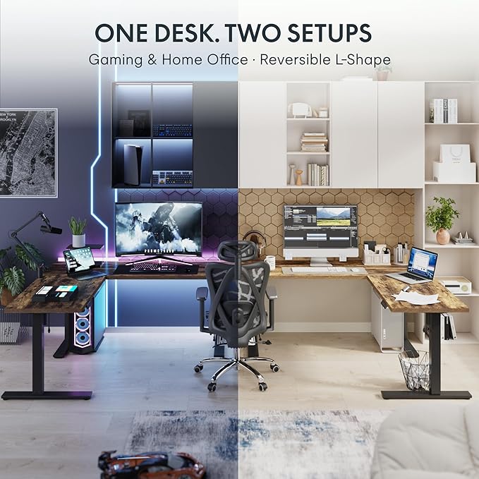 FLEXISPOT L Shaped Standing Desk, 71 x 63 Inch Electric Height Adjustable Corner Desk, Sit Stand Computer Workstation, Preset Controller, Home Office, Black Frame with Rustic Brown Top