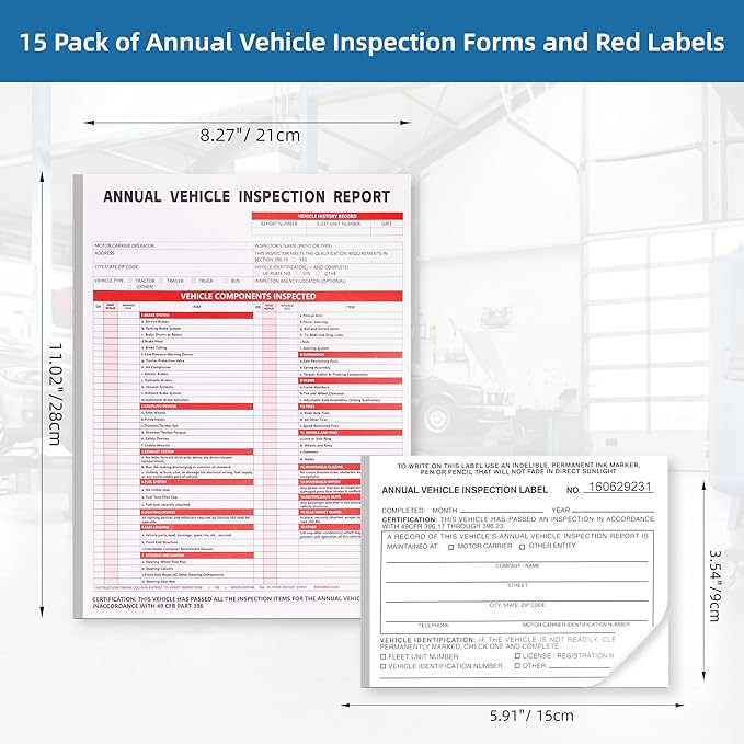 15-Pack Annual Vehicle Inspection Report Form, 3-Ply Carbonless Form and Hardboard, Includes 15-Pk 2-Ply FMCSA Vinyl Adhesive Label for Annual Inspections, DOT Compliant