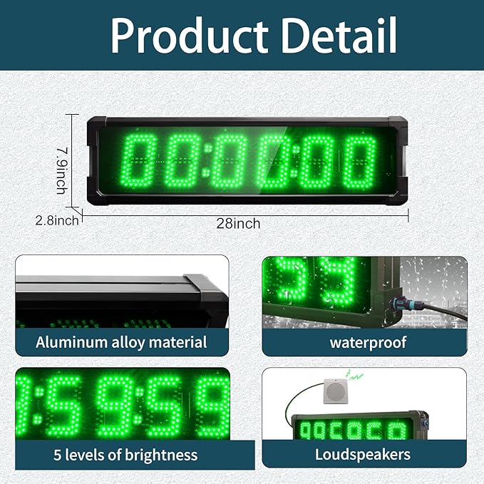 Large LED Display Digital Race Timer with Battery,Function-Countdown/Up/Time Clock, Remote Control, Tripod Stand and Adjustable Brightness for Sports Events, Races, Meetings, (Green)
