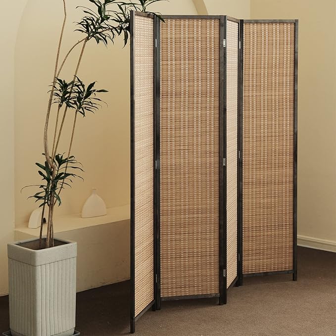 Furnnylane 4 Panel Bamboo Room Divider and Folding Panel Screen,Bamboo Panel Divider for Room Separation,Brown,67" H x 61.4" W